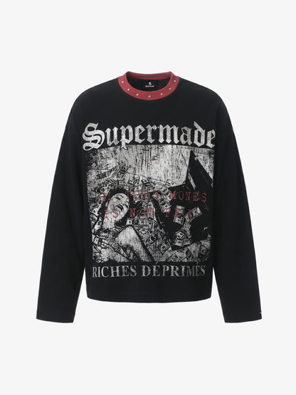 Dark Color-Blocked Print Long-Sleeve T-Shirt
