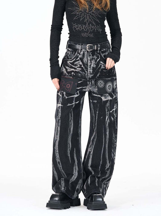 Washed Graphic Patch Baggy Jeans 