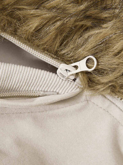 Detachable Fur-Trim Stand Collar Suede Zip-Up Jacket