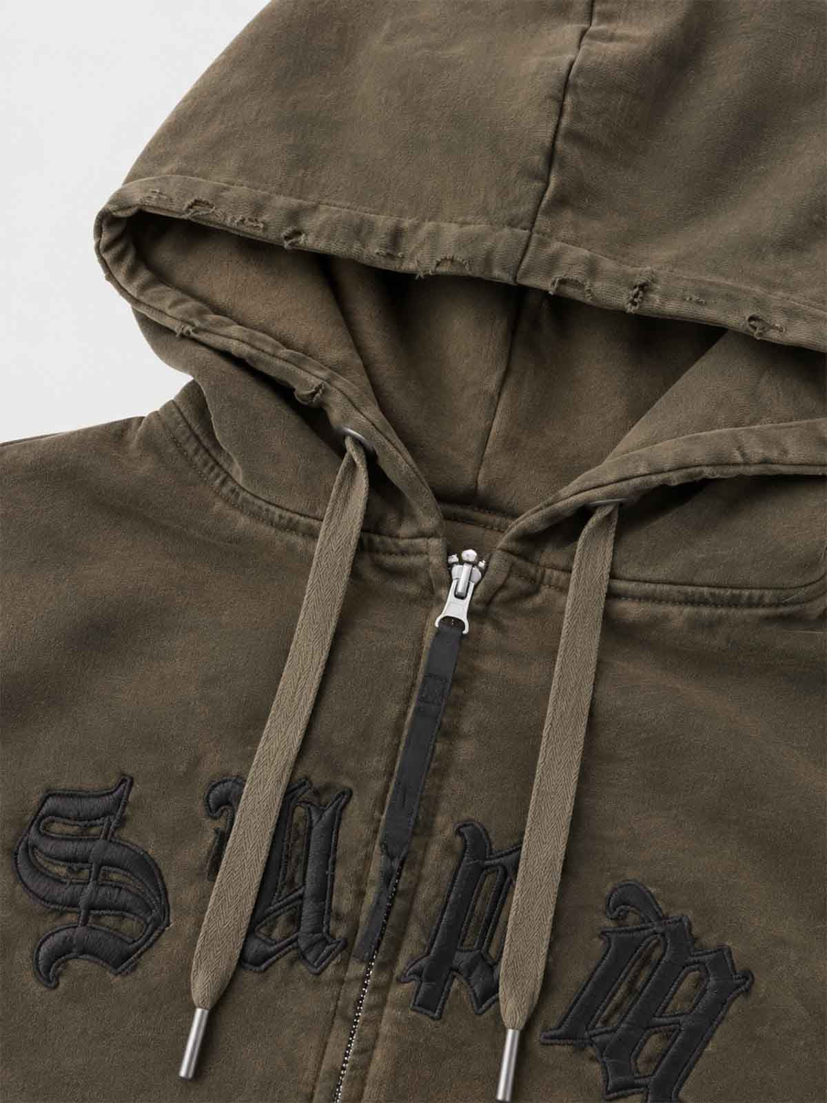 Embroidered Washed Distressed Hoodie & Wide-Leg Pants Set