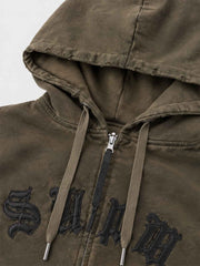 Embroidered Washed Distressed Hoodie & Wide-Leg Pants Set
