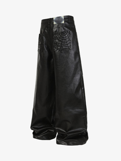 Faux Leather Wide Leg Pants with Spiderweb Embossed Pockets - Edgy Fashion Statement 