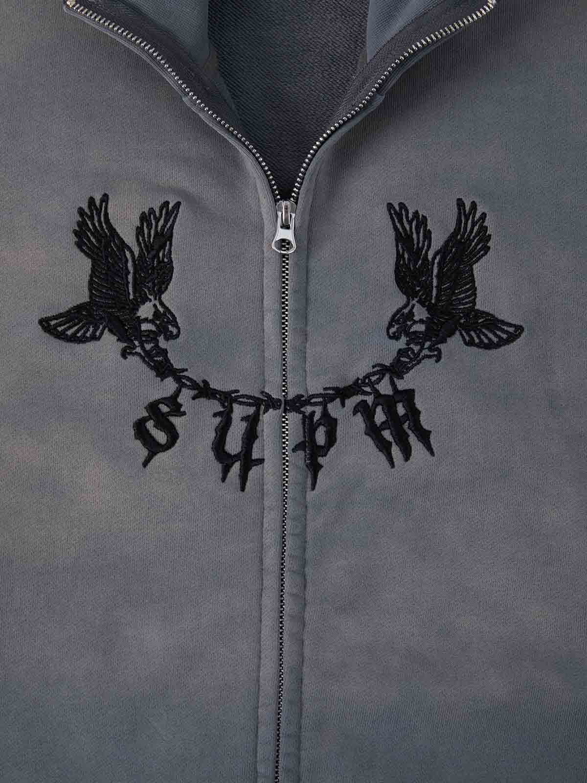 Supermade Gradient Eagle Embroidery Distressed Stand Collar Sweatshirt Jacket 