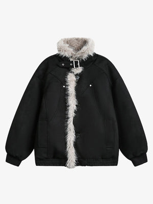 Faux Fur Trimmed Hooded Bomber Jacket for Winter Warmth 