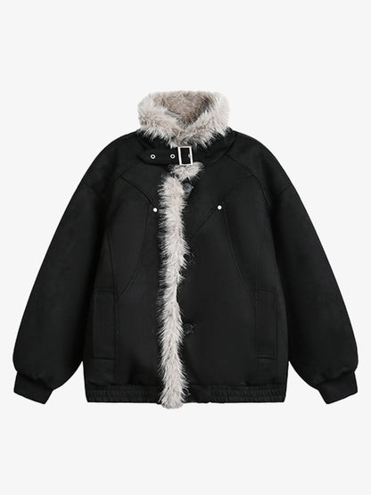 Faux Fur Trimmed Hooded Bomber Jacket for Winter Warmth 