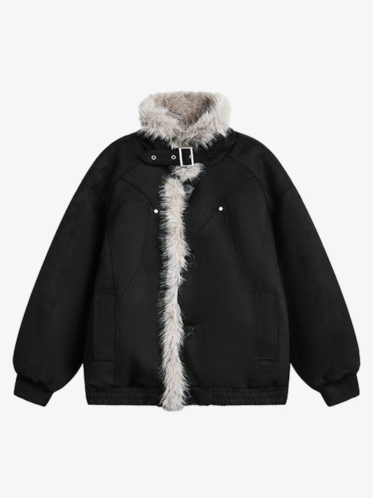 Faux Fur Trimmed Hooded Bomber Jacket for Winter Warmth 
