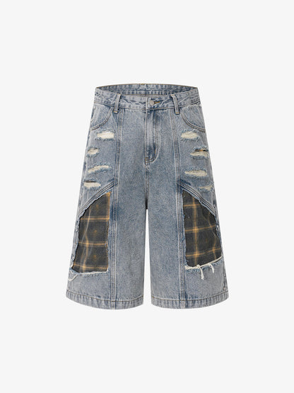 Retro Washed Plaid-Paneled Distressed Denim Set 