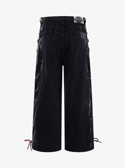 Retro Colorful Lace-Up Side Panel Spray-Washed Wide Leg Jeans 