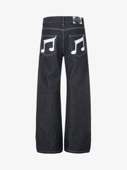 Musical Note Embroidery Raw Denim Jeans