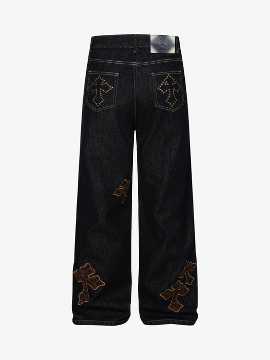 Stylish Cross-Embroidered Wide-Leg Jeans for Women - Perfect for Casual and Fashionable Looks 