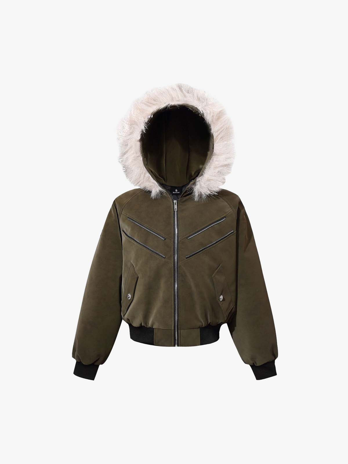 Faux Fur Trimmed Hood Suede Bomber Jacket 