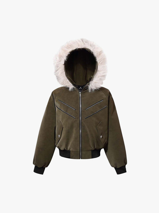 Faux Fur Trimmed Hood Suede Bomber Jacket 