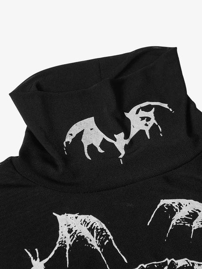 Gothic Skull Print Turtleneck Tight Long Sleeve T-Shirt 