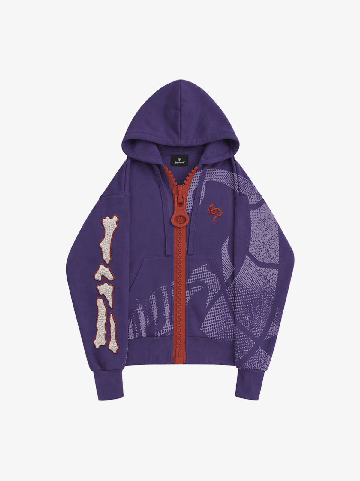 Oversized-Zip Skeleton Graphic Patchwork Hoodie