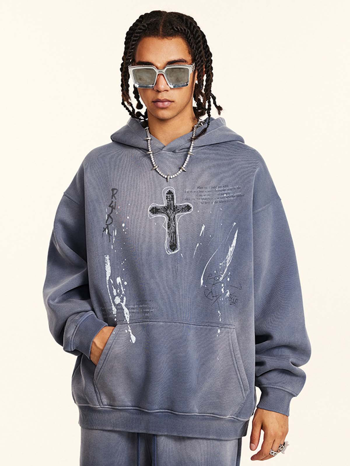 Vintage Dirty Wash Cross Graphic Hoodie 