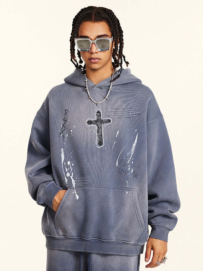 Vintage Dirty Wash Cross Graphic Hoodie 