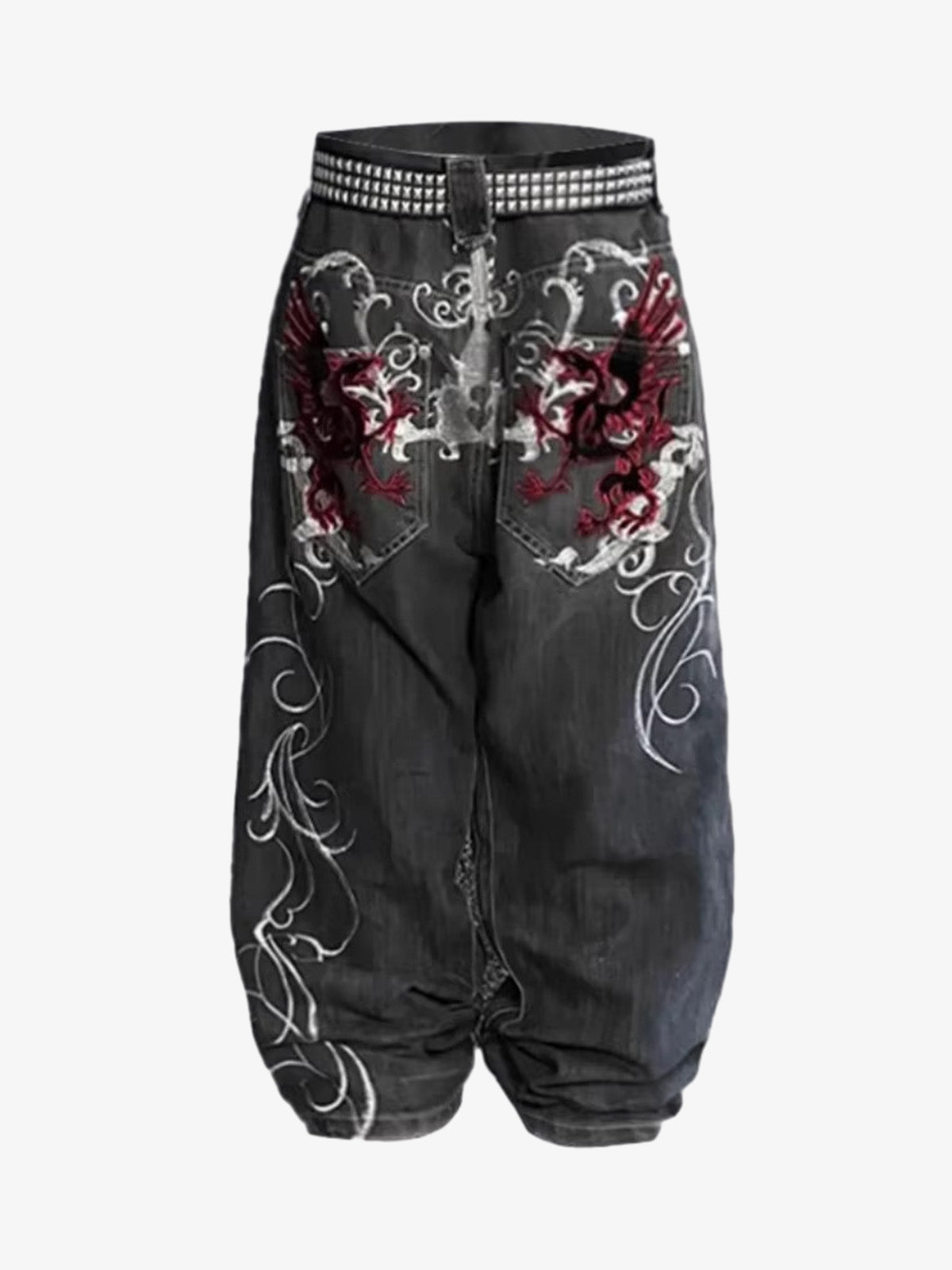Denim Embroidered Dragon Pants with Rhinestone Belt - Gothic Streetwear Style 
