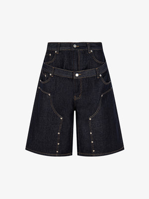 Raw Denim Oversized Shorts – High-Waisted Cotton with Dual Waistband & Rivet Detail