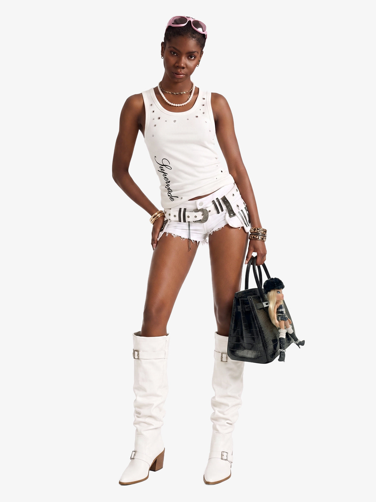 Stretch ribbed fabric punk y2k streetwear vest, adorned with metal buttonholes and letter embroidery.