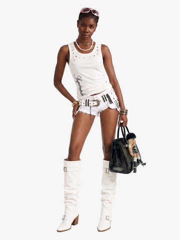 Stretch ribbed fabric punk y2k streetwear vest, adorned with metal buttonholes and letter embroidery.