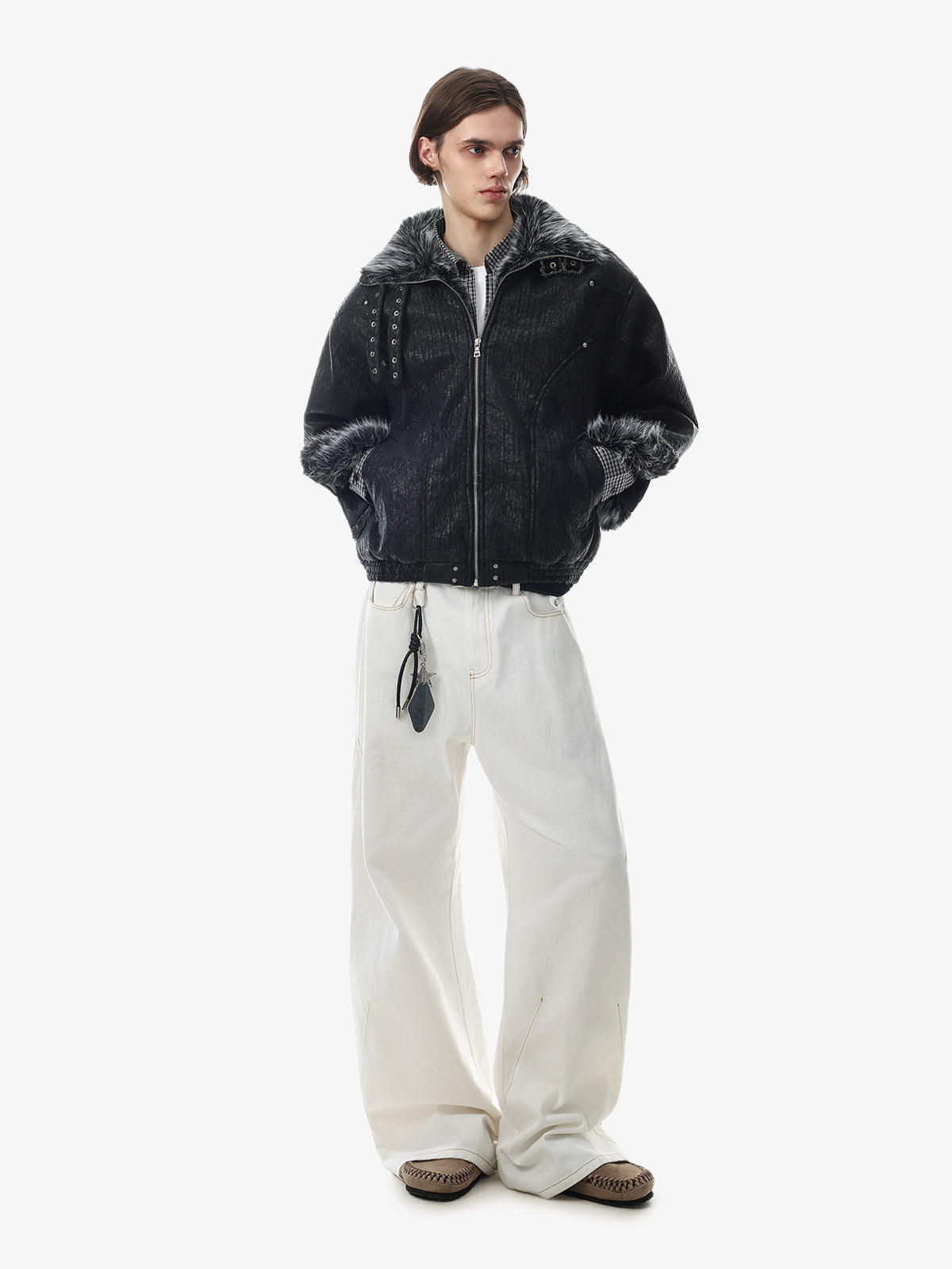 Deconstructed Faux-Fur Trim Stand-Collar PU Leather Coat