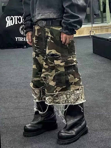 Cotton Camouflage Cargo Shorts for Men High Waist Baggy Streetwear Style with Pockets and Layered Hem Design 