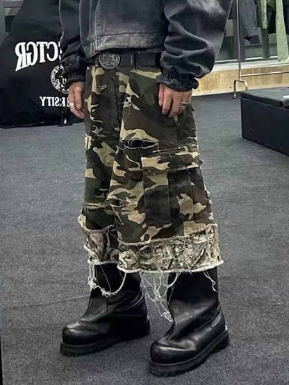 Cotton Camouflage Cargo Shorts for Men High Waist Baggy Streetwear Style with Pockets and Layered Hem Design 