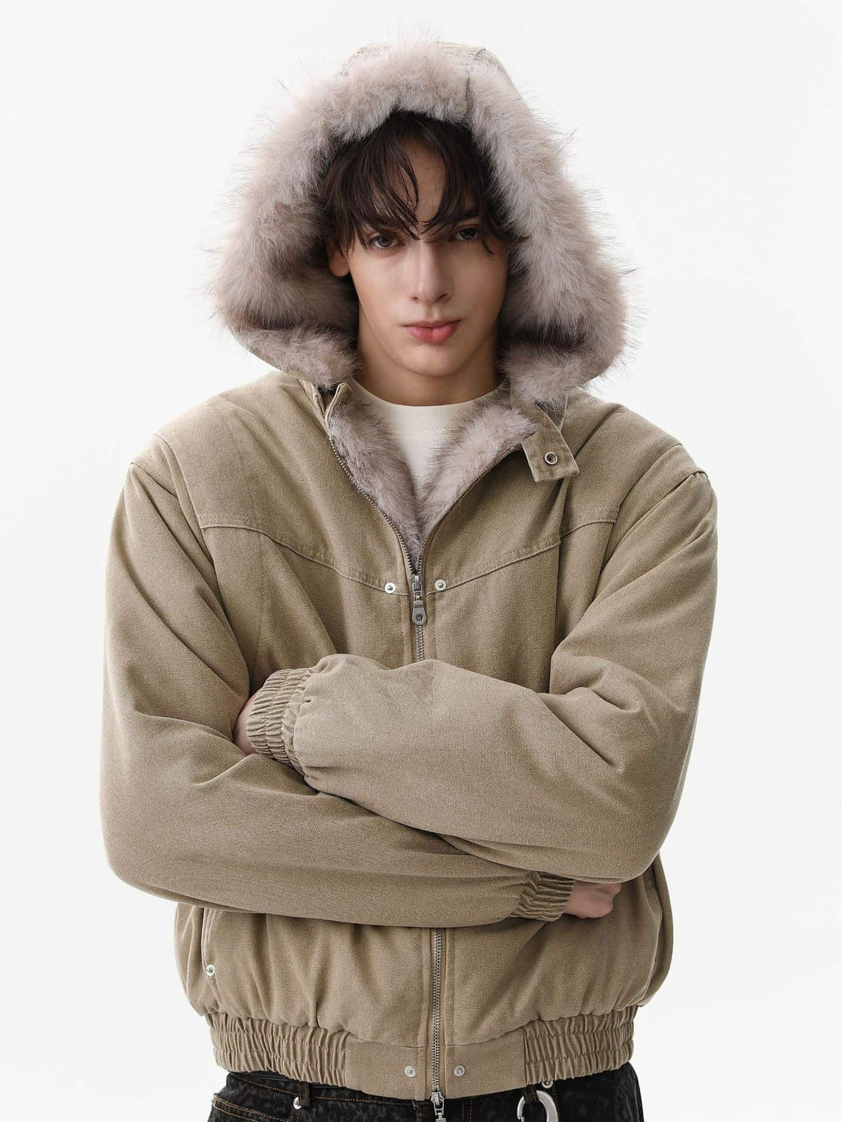 Street Outdoor Detachable Fur Collar Fleece Hooded Padded Jacket 
