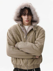 Street Outdoor Detachable Fur Collar Fleece Hooded Padded Jacket 