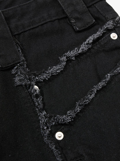 Deconstructed Zipper-Spliced Whiskered Raw-Hem Jeans