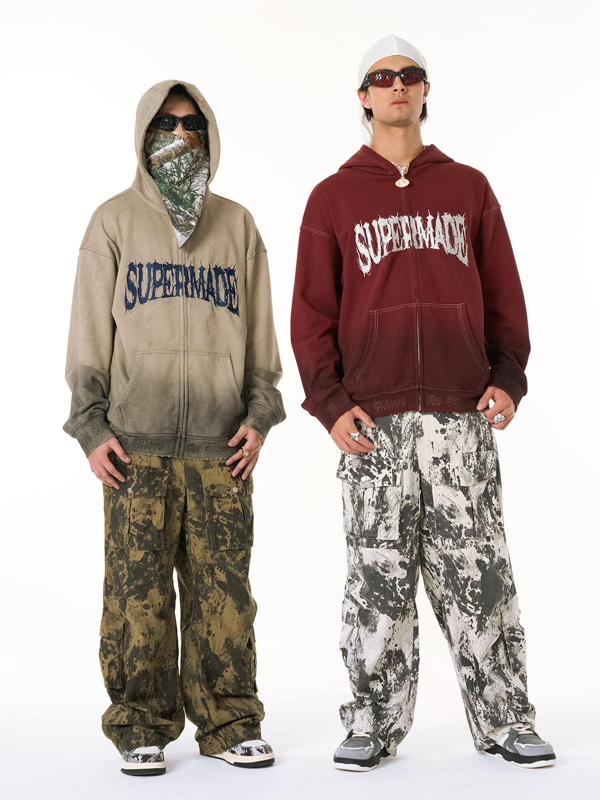 SUPERMADE Embroidered Distressed Spray-Painted Hooded Sweatshirt 