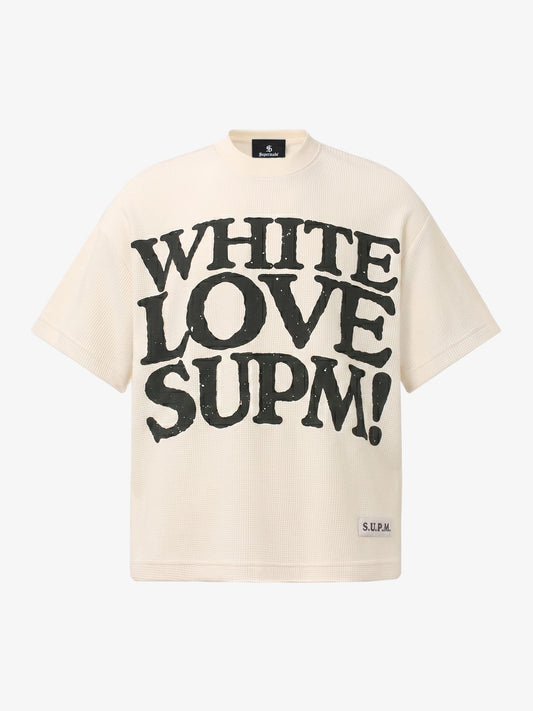 White Oversized Waffle Knit Tee – Love Graphic Relaxed Fit Streetwear
