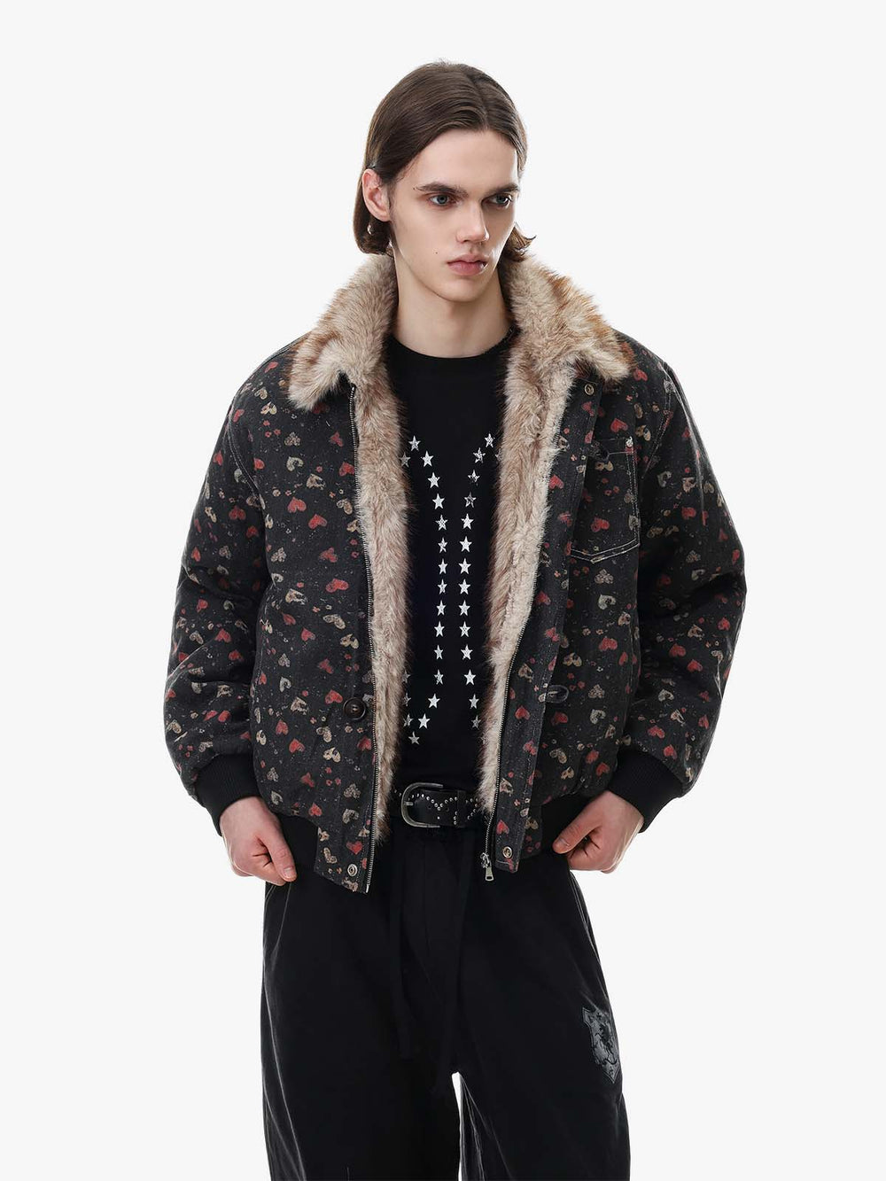 Heart Graphic Faux-Fur Collar Denim Padded Coat