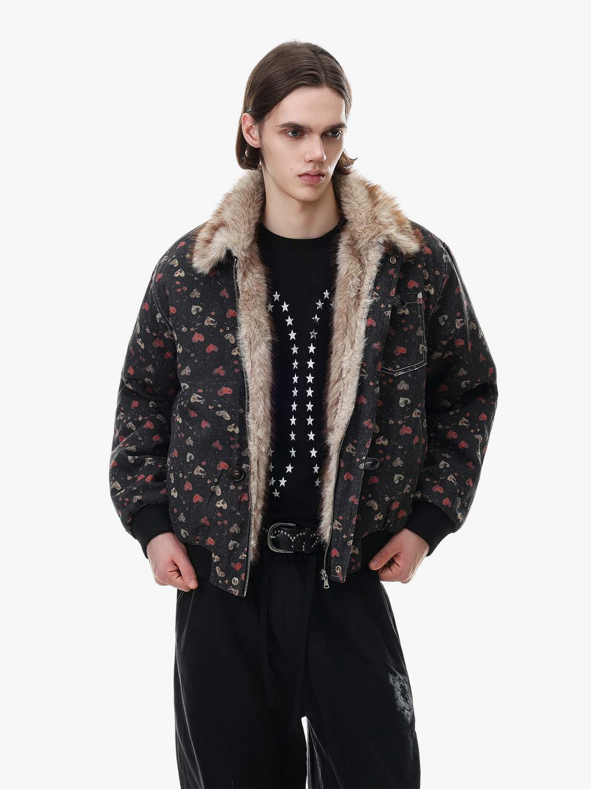 Heart Graphic Faux-Fur Collar Denim Padded Coat
