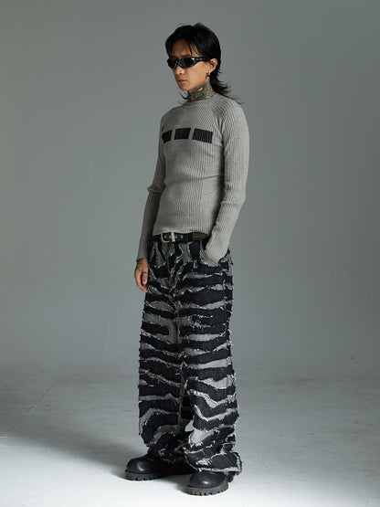 Frayed Zebra Striped Patchwork Wide Leg Jeans 