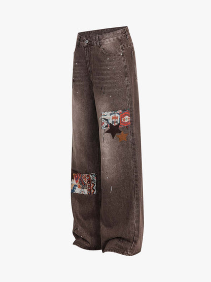 Retro Patchwork Washed Wide Leg Denim Jeans