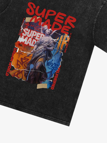Cotton Blend SUPERMADE Sculpture Sraffiti Sticker Pattern T-Shirt 