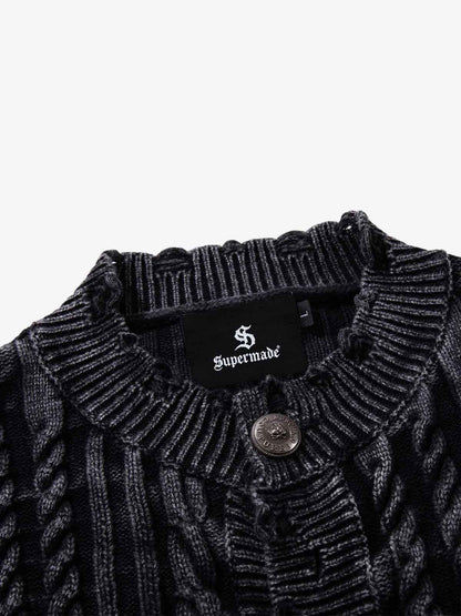 Cotton Blend Cable Knit Cardigan Sweater for Men - Classic Blue with Button Front and Ribbed Details 