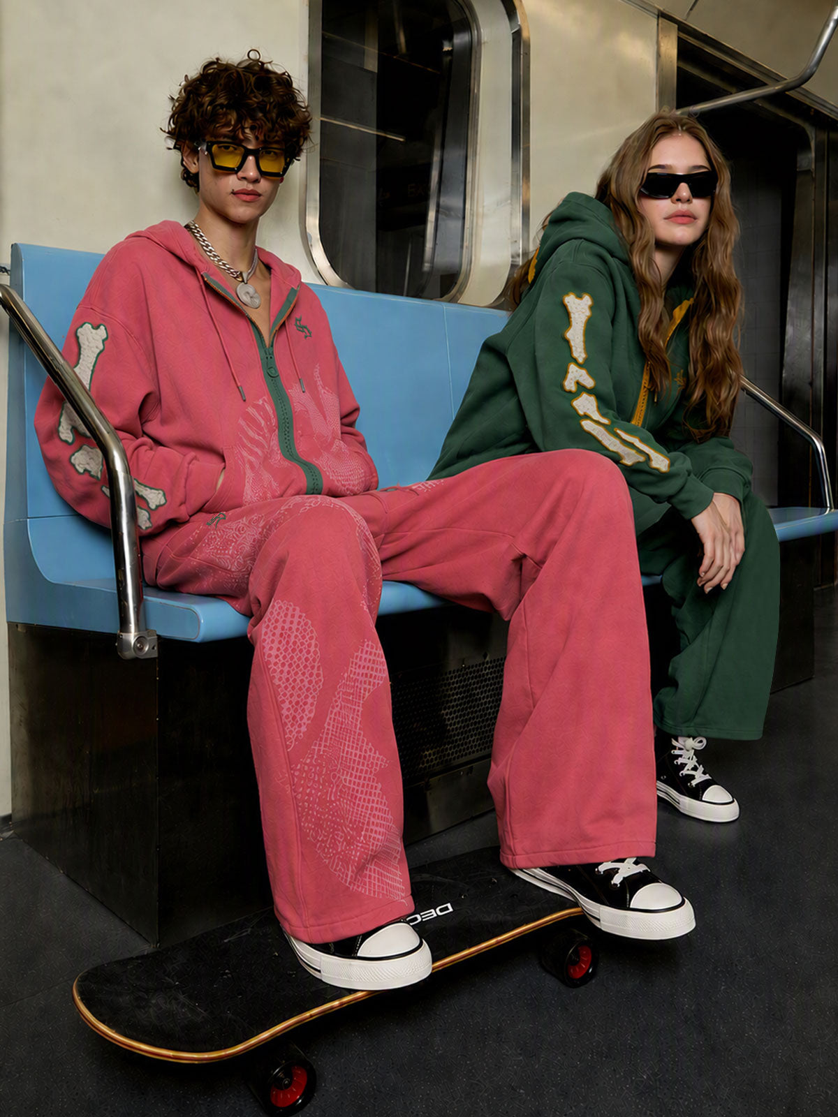 Oversized-Zip Skeleton Graphic Patchwork Hoodie