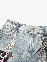 Charm Detail Graphic Denim Shorts 