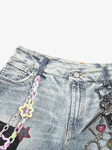Charm Detail Graphic Denim Shorts
