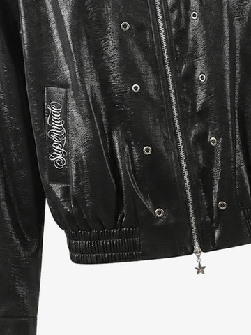 Studded Embroidered Double-Zip Cropped Biker Jacket