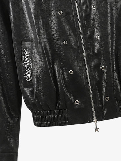 Studded Embroidered Double-Zip Cropped Biker Jacket