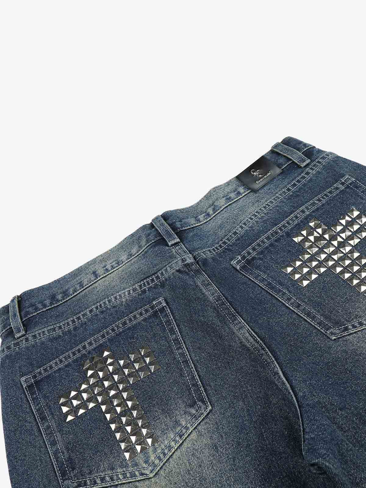 Distressed Rivet Detail Bootcut Jeans