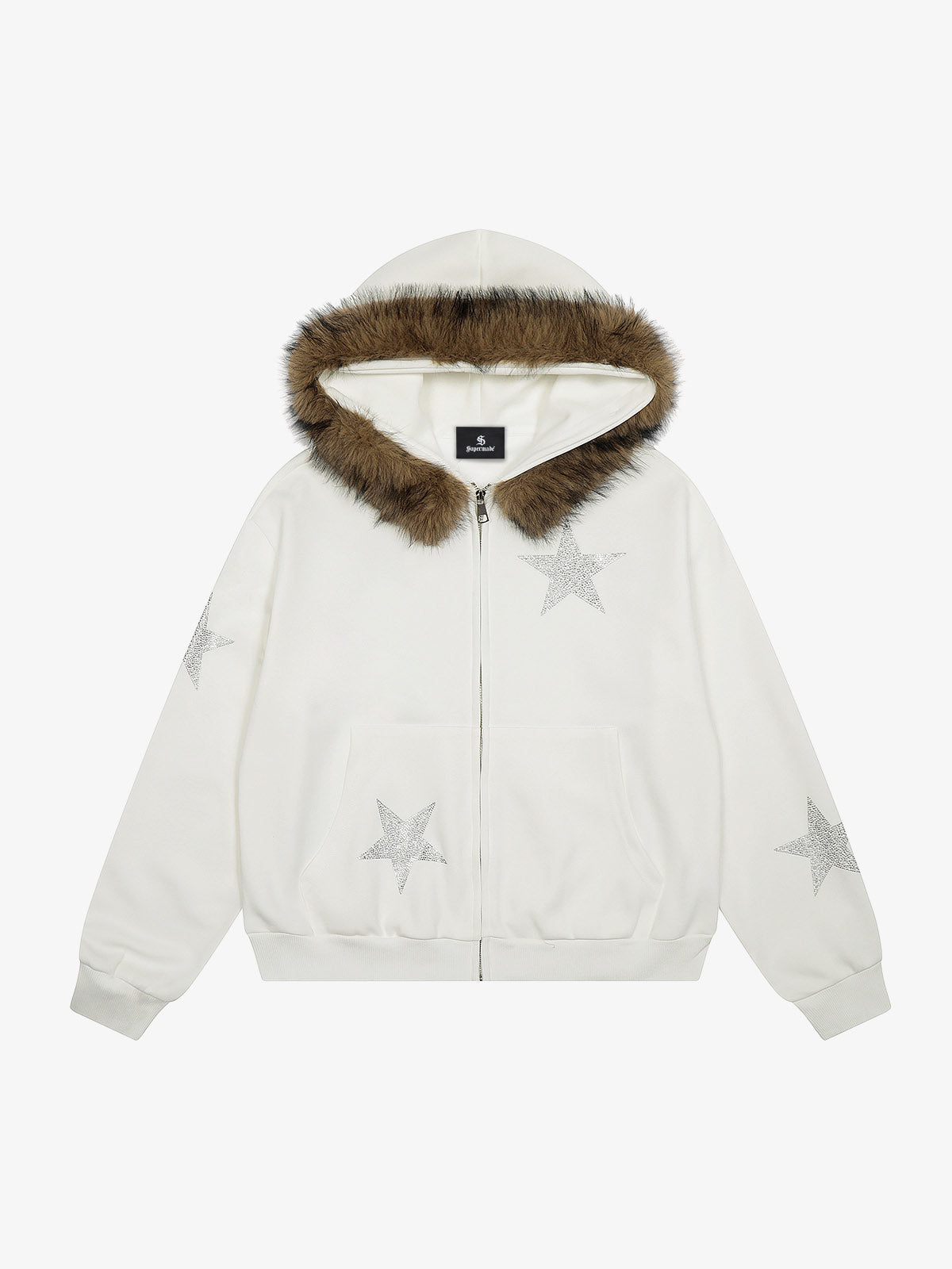 Star Rhinestone Fur Collar Zip-Up Hoodie