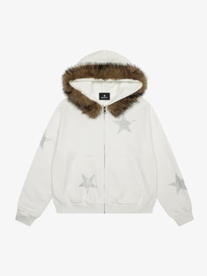 Star Rhinestone Fur Collar Zip-Up Hoodie