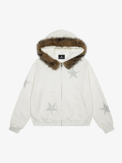 Star Rhinestone Fur Collar Zip-Up Hoodie