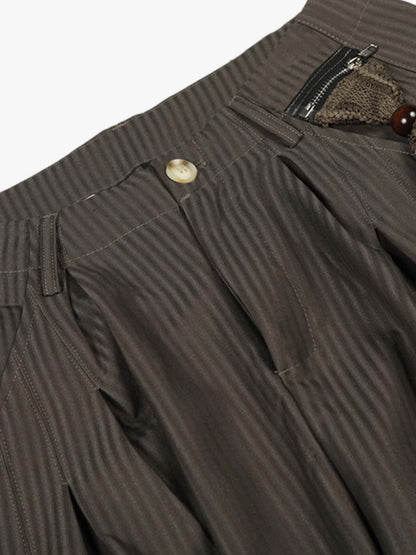 Pinstripe Pleated Wide Leg Trousers with Side Strap Detail