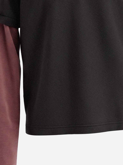 Leopard Fur-Collar Layered Distressed Long Sleeve Polo