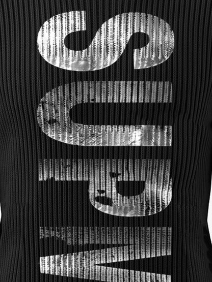 Silver Foil Letter Graphic Distressed Knit Sweater